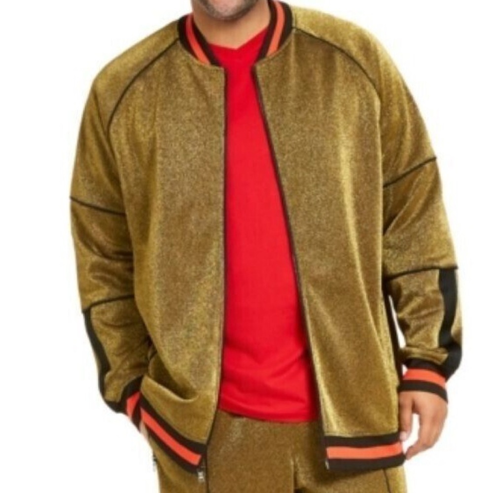 INC Metallic Gold Bomber Jacket Disco Varsity Red Stripe Streetwear XL